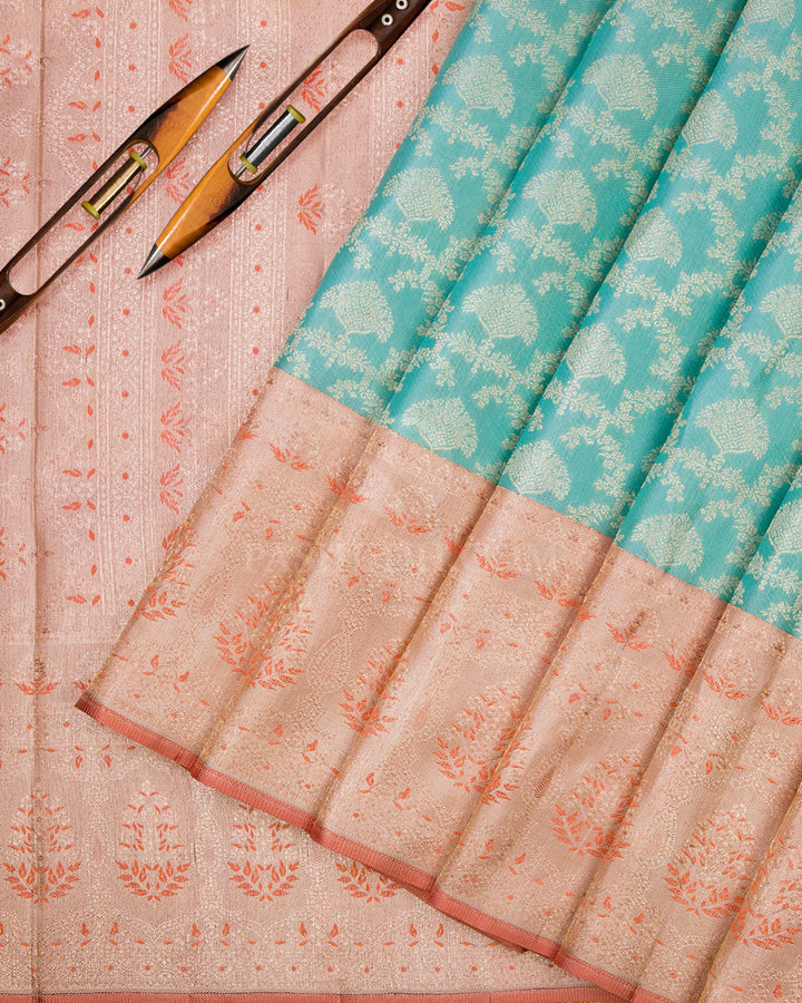 Sky Blue & Peach Shot Cream Kanjivaram Silk Saree - S883 - View 3