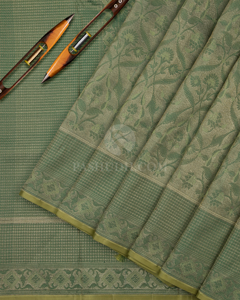 Olive Green and Parrot Green Kanjivaram Silk Saree - DJ195 -View 2