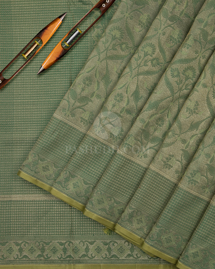 Olive Green and Parrot Green Kanjivaram Silk Saree - DJ195 -View 2