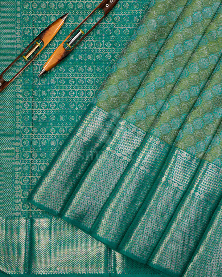 Pear Green and Ananda Blue Kanjivaram Silk Saree -D501(A) - View 1