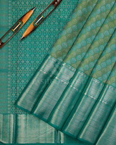 Pear Green and Ananda Blue Kanjivaram Silk Saree -D501(A) - View 1