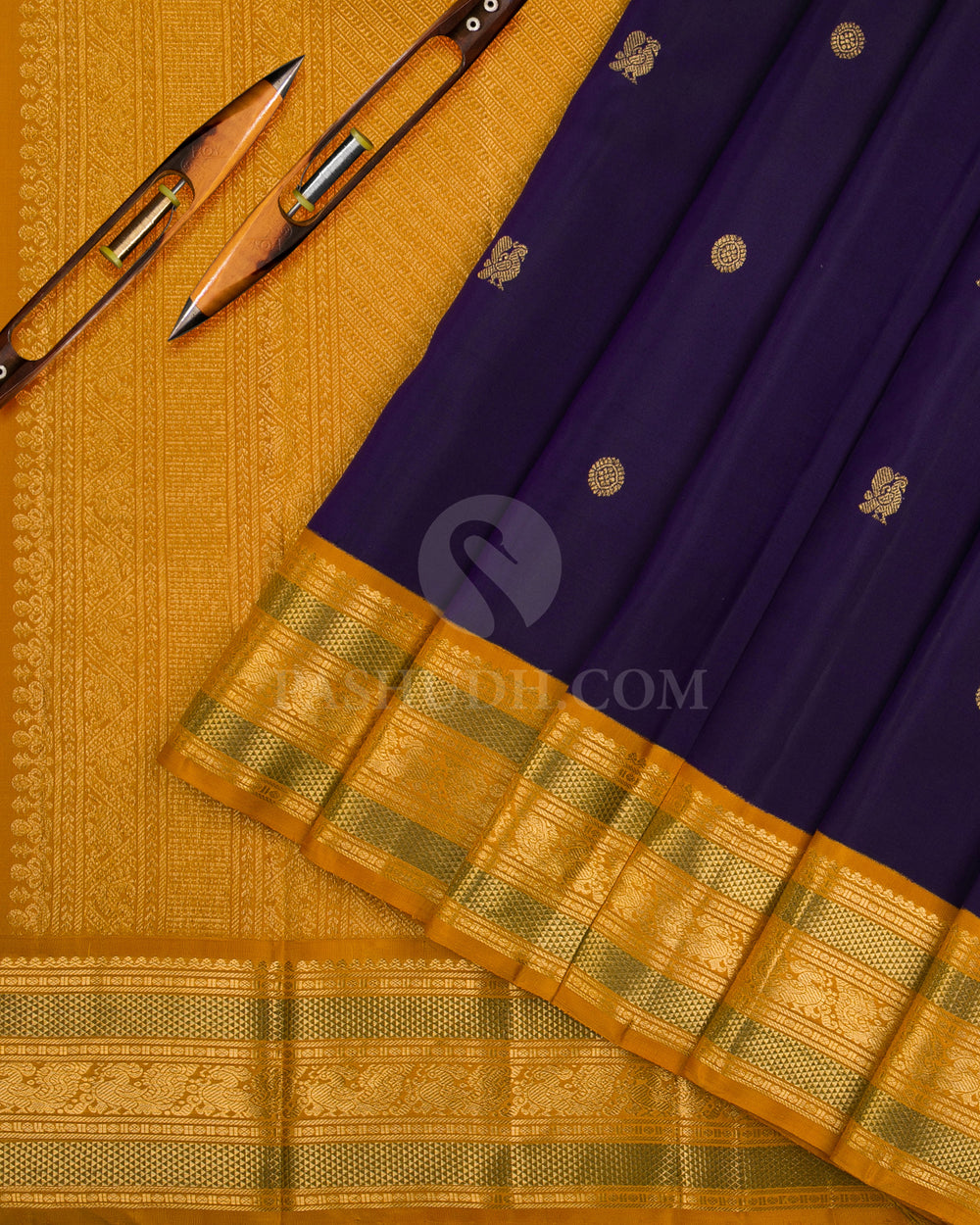 Navy Blue & Orange Kanjivaram Silk Saree - D17 - View 1