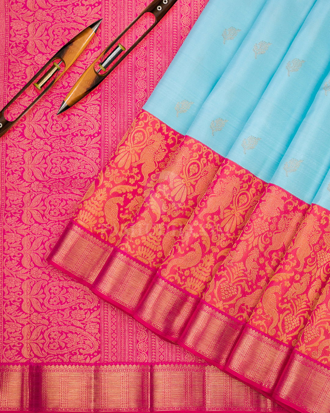Sky Blue & Orange Shot Pink Kanjivaram Silk Saree - S872 - View 3