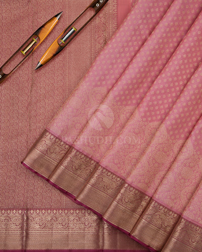 Peach Pink & Brown Kanjivaram Silk Saree - D448 - View 1