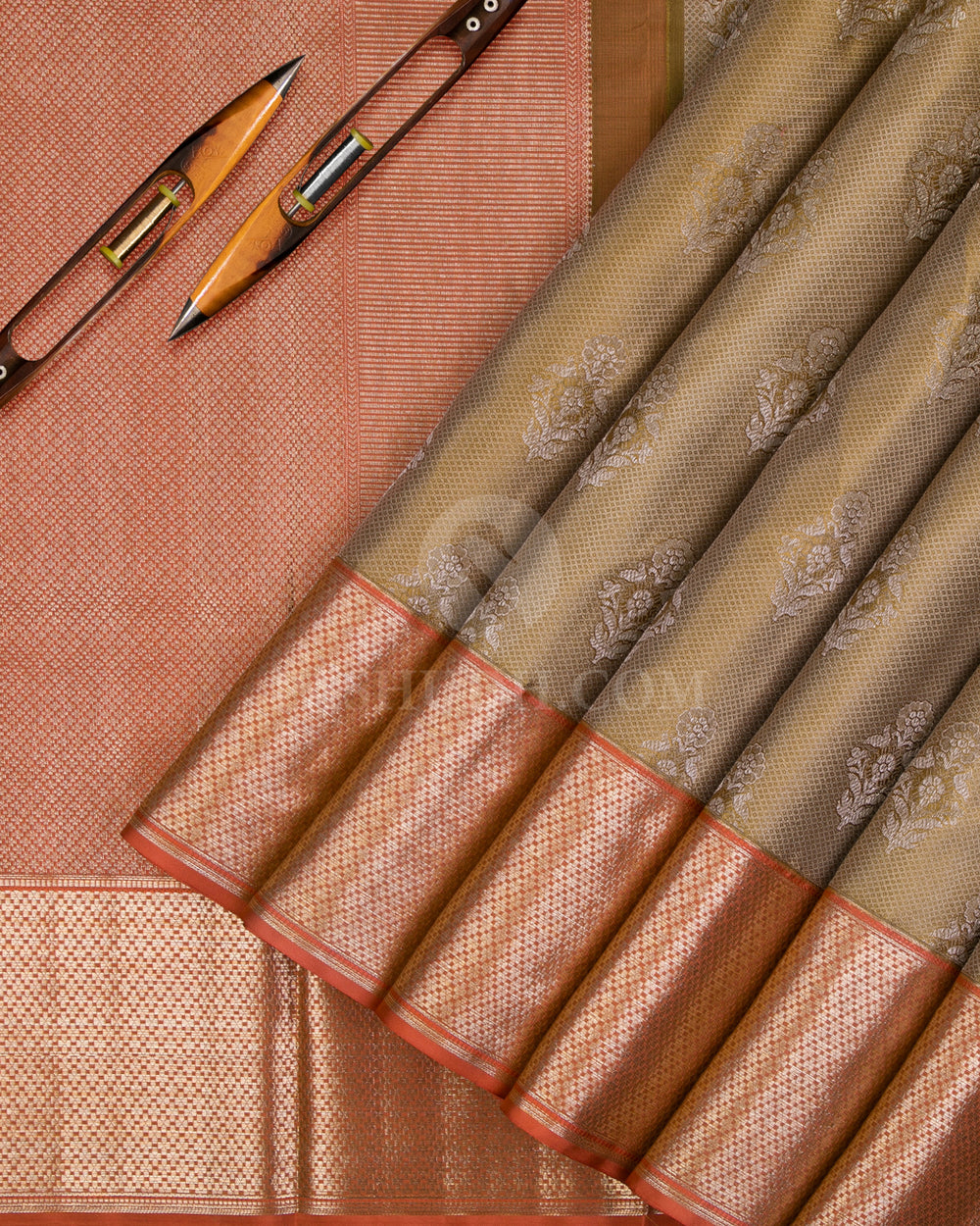 Golden Khaki And Rust Orange Kanjivaram Silk Saree - D529(B) - View 1