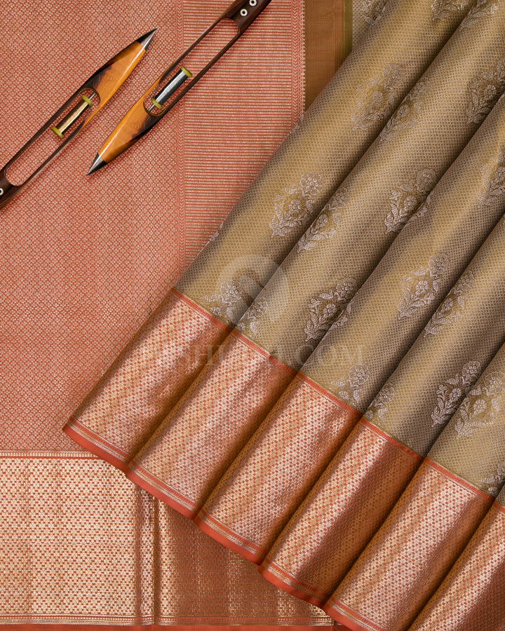 Golden Khaki And Rust Orange Kanjivaram Silk Saree - D529(B) - View 1