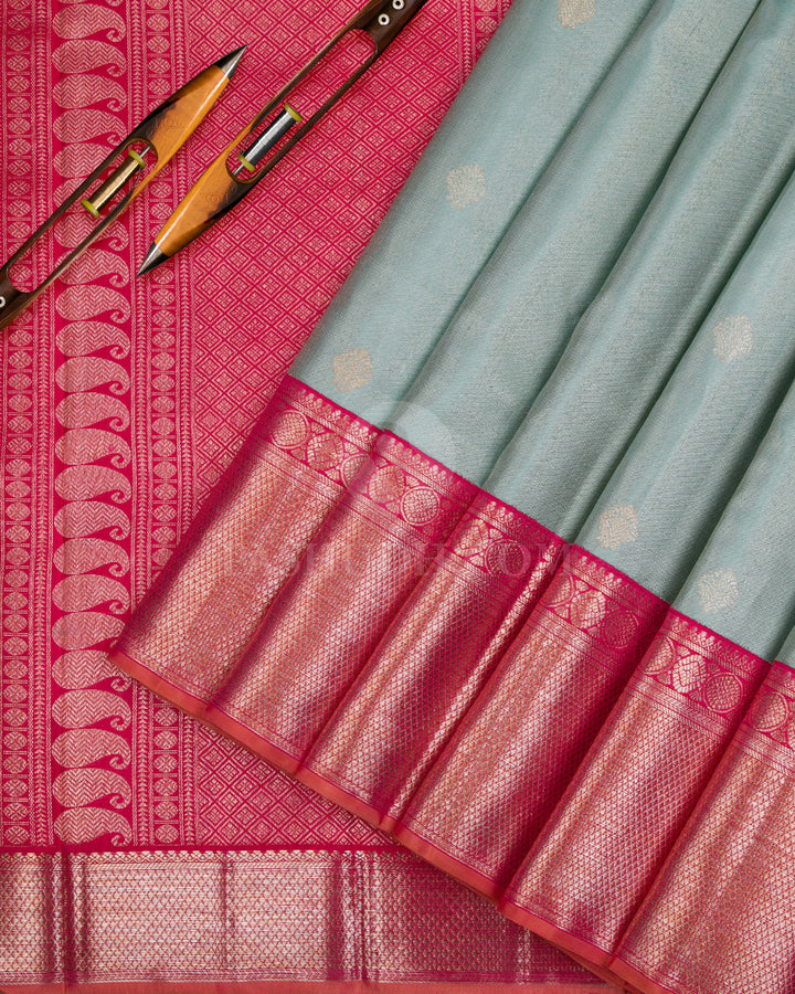 Powder Blue and Pinkish Red Kanjivaram Silk Saree - S1079(A) - View 2