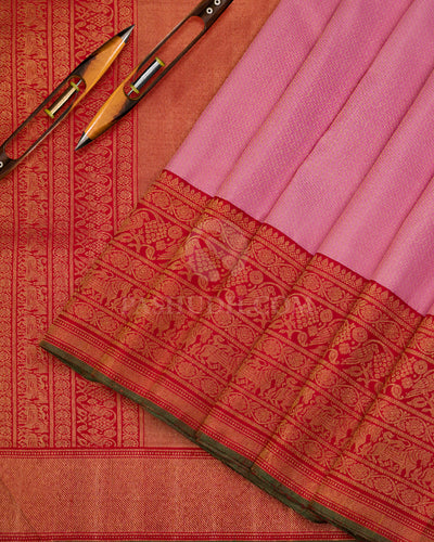 Baby Pink & Red Kanjivaram Silk Saree - S994 - View 2