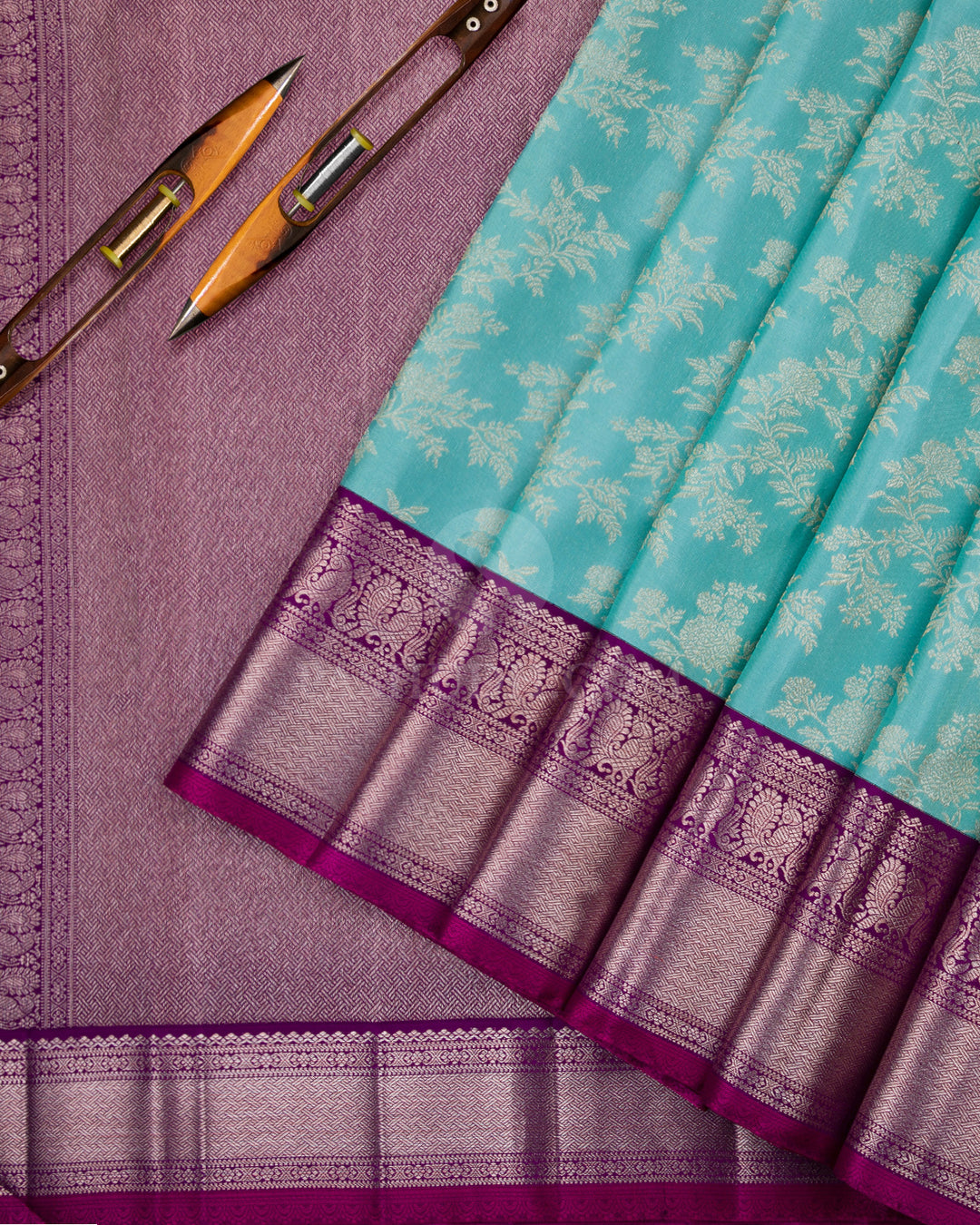 Aqua and Violet Pure Zari Kanjivaram Silk Saree - S748 - View 3