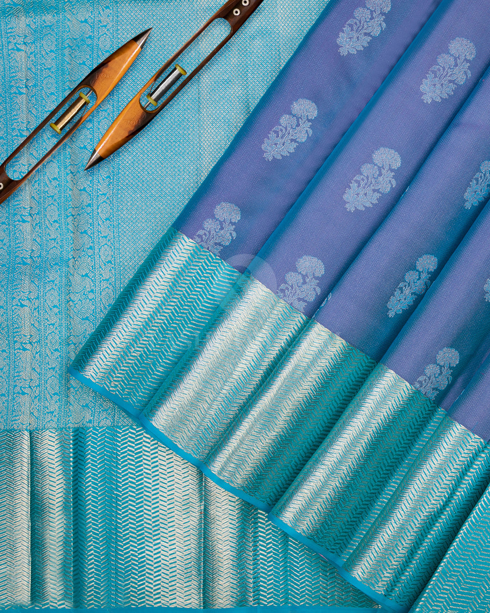 Grey and Turquoise Blue Kanjivaram Silk Saree - D470 - View 2