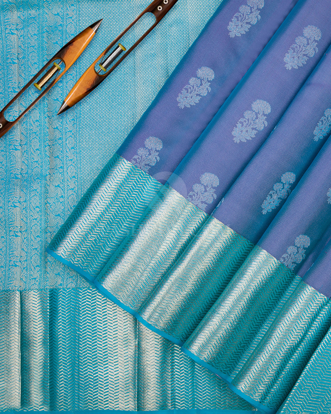 Grey and Turquoise Blue Kanjivaram Silk Saree - D470 - View 2