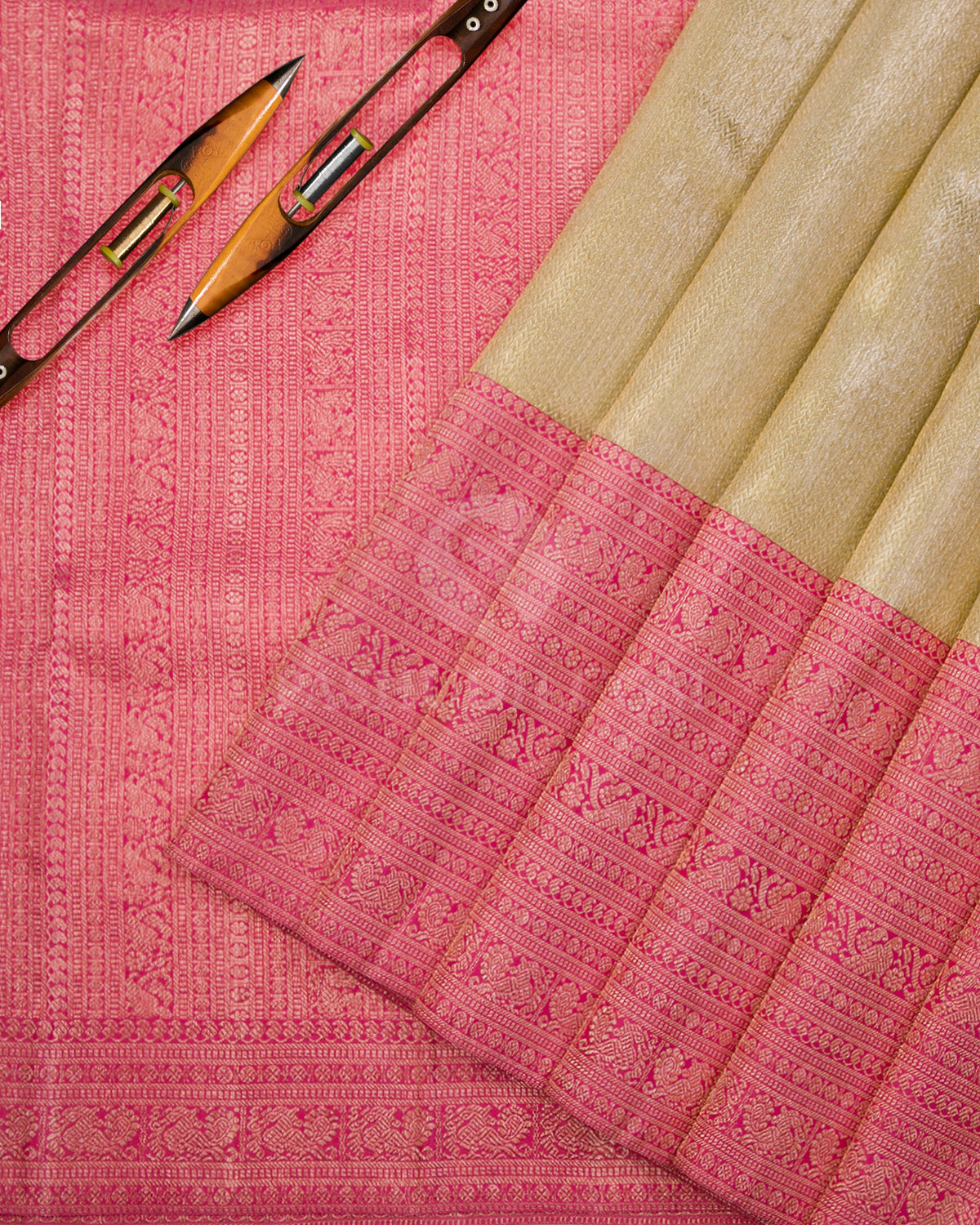 Gold & Mulberry Pink Organza Kanjivaram Silk Saree - S1038(A) - View 2