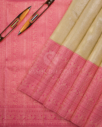 Gold & Mulberry Pink Organza Kanjivaram Silk Saree - S1038(A) - View 2