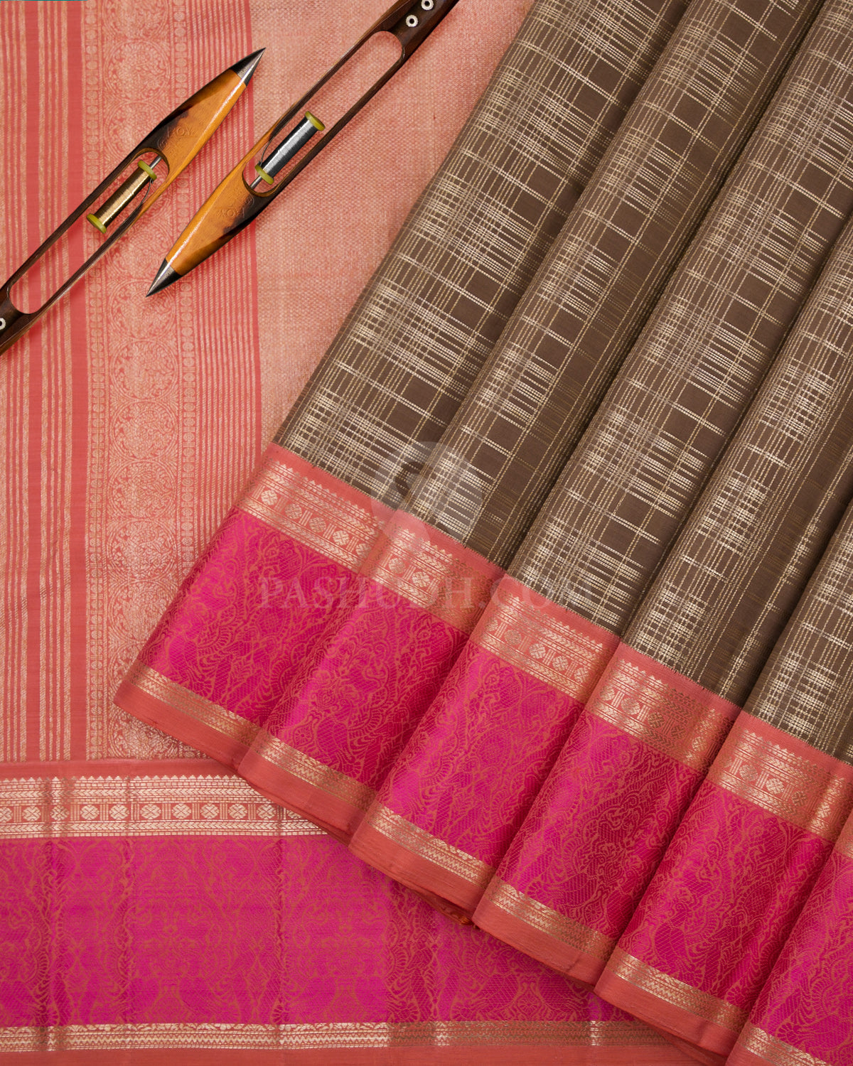 Khaki and Light Pink Kanjivaram Silk Saree - S784 -View 3