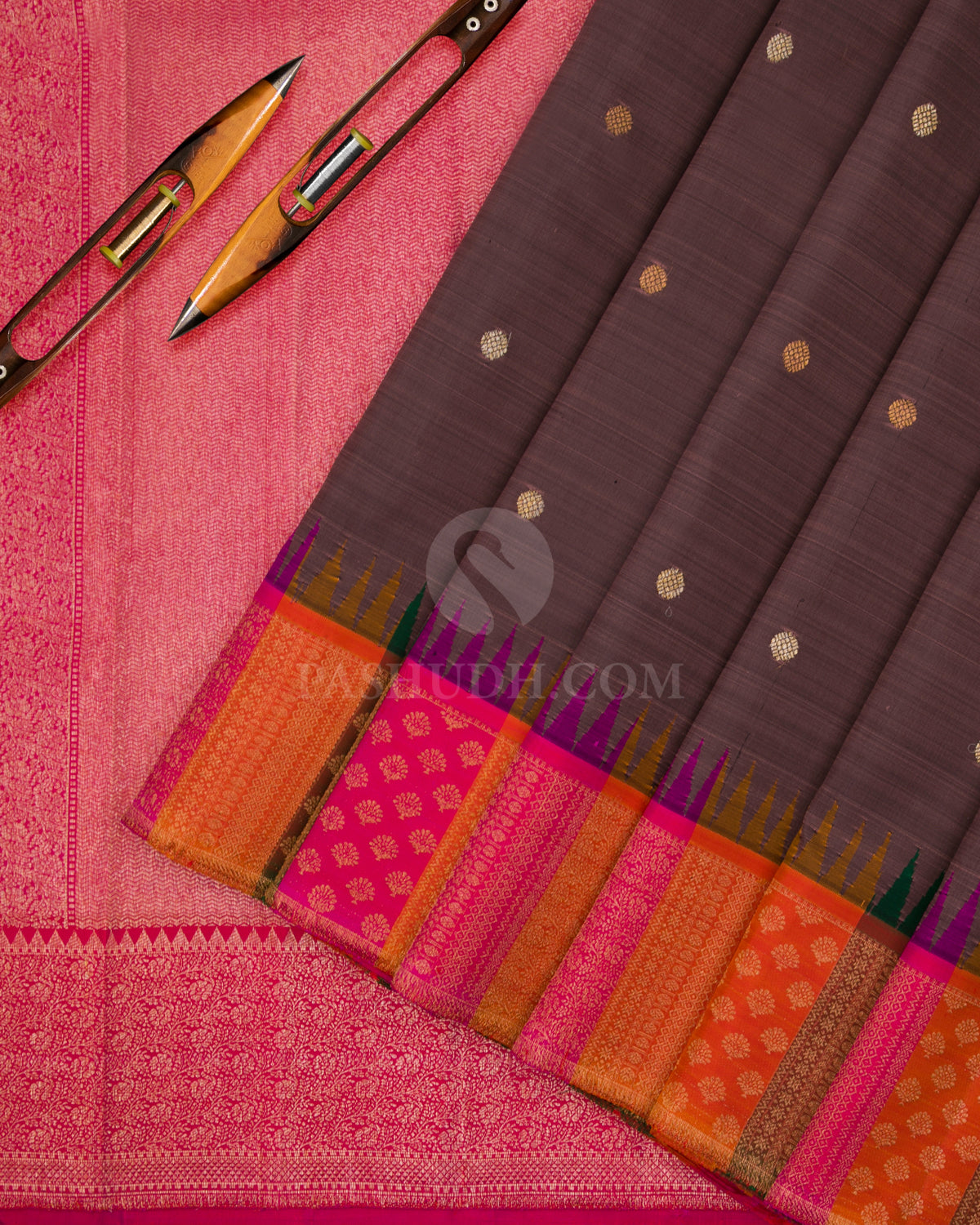 Brown & Multicolour Kanjivaram Silk Saree - S842- View 3