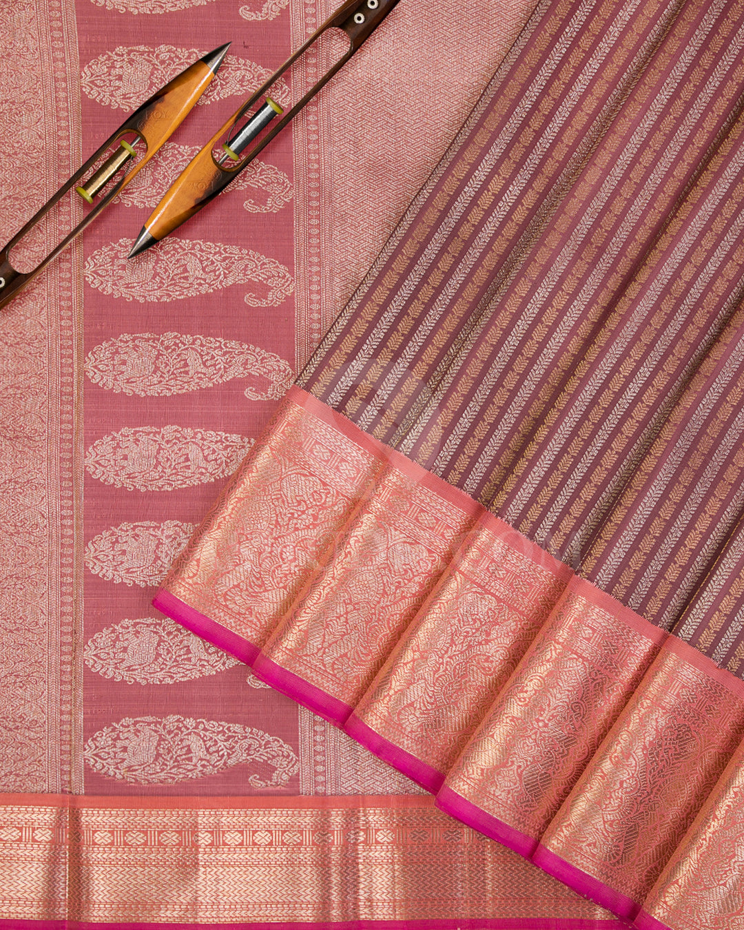 Mild Chocolate Brown And Peach Kanjivaram Silk Saree - S1179(A) - View 2