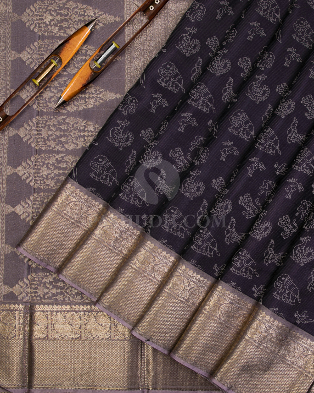 Charcoal Grey and Pale Mauve Kanjivaram Silk Saree - D520(A) - View 1