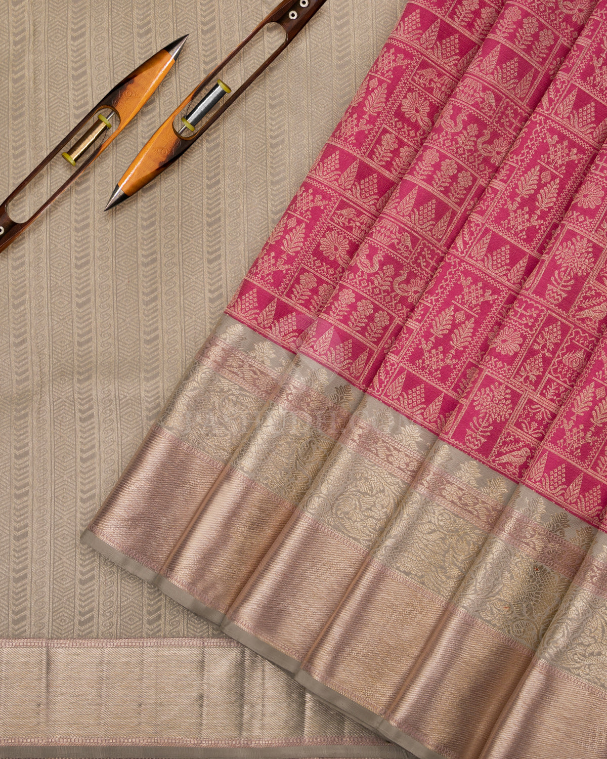 Pink & Grey Pure Zari Kanjivaram Silk Saree - S759 - View 3