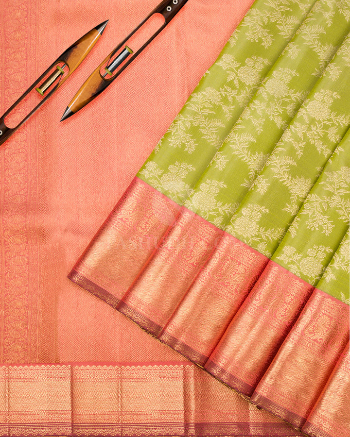 Parrot Green & Rust Orange Kanjivaram Silk Saree - S854 -View 3