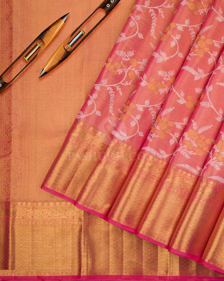Bright Pink Pure Zari Tissue Kanjivaram Silk Saree - S819 -View 3