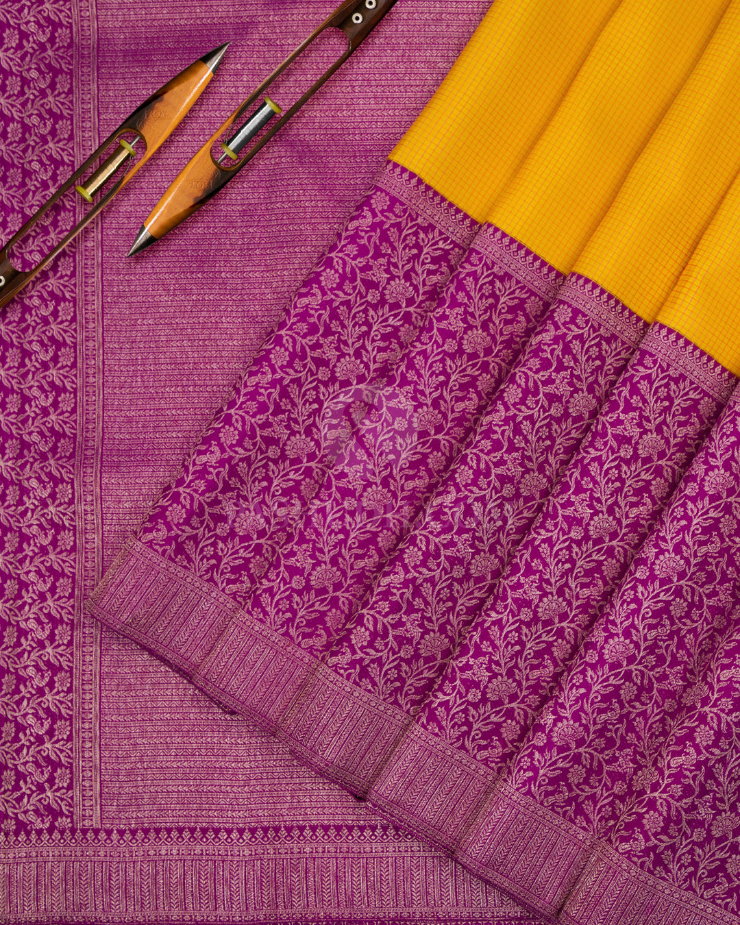 Lemon Yellow & Violet Zari Kanjivaram Silk Saree -  S820 - View 3