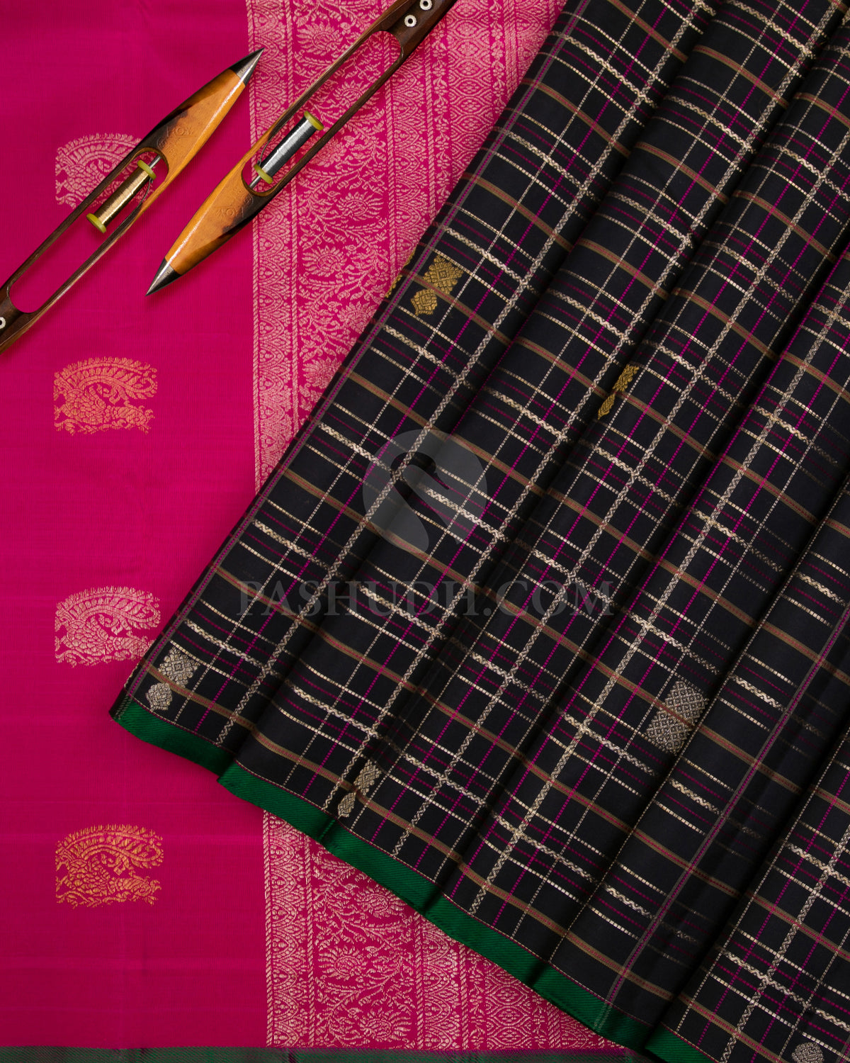 Black & Rani Pink Kanjivaram Silk Saree - S1086(A) - View 2