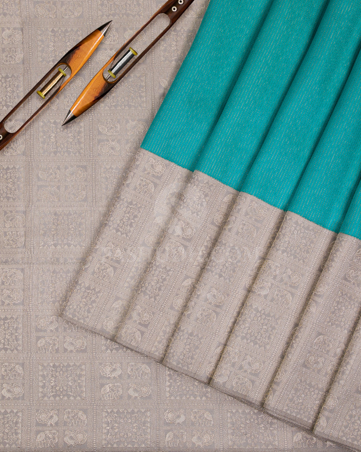 Turquoise And Grey Kanjivaram Silk Saree - S1139(A) - View 2