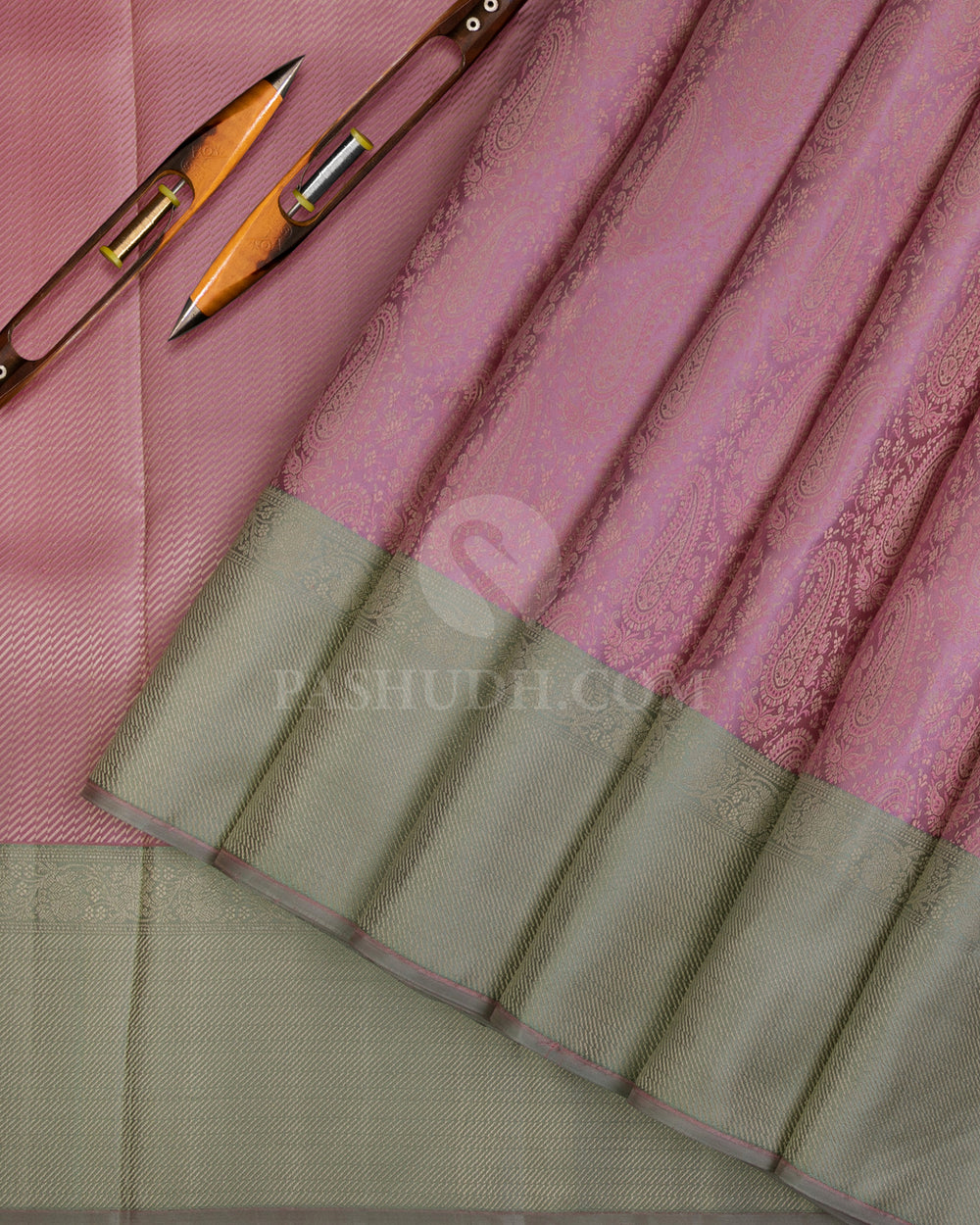 Pastel Pink and Sage Green Pashmina inspired Kanjviaram Silk Saree - D506(B) - View 1