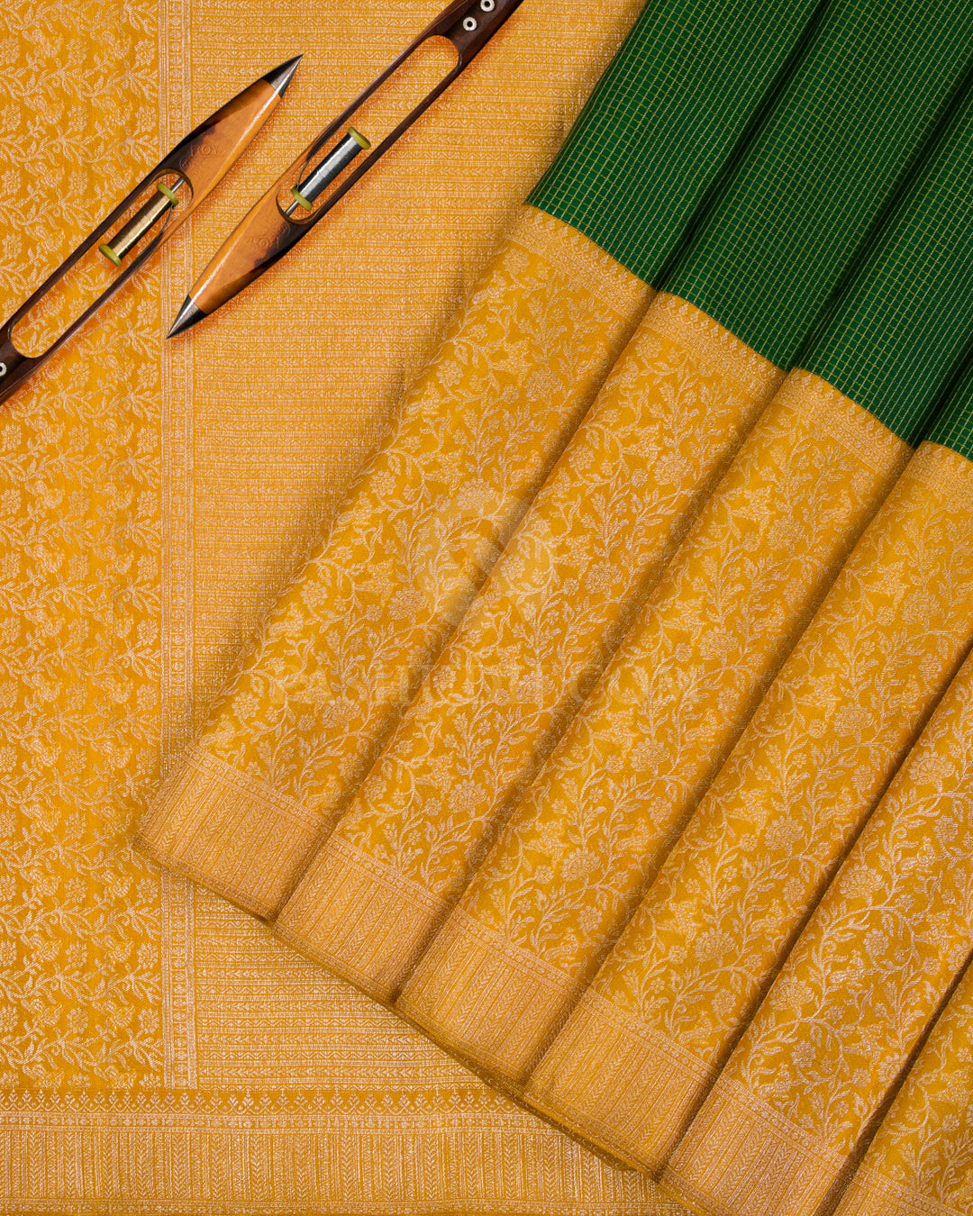 Dark Green And Mango Yellow Kanjivaram Silk Saree - S1141(A) - View 2