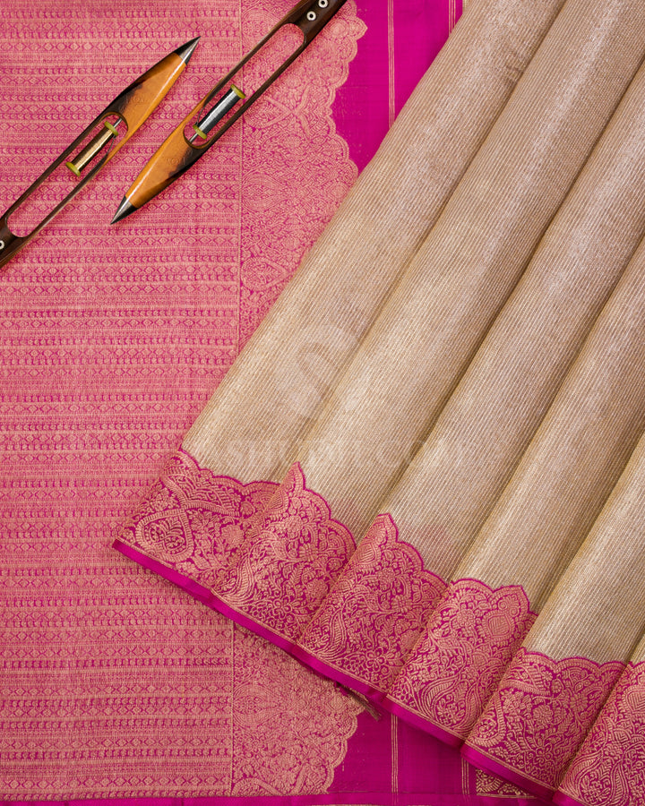 Antique Gold & Rani Pink Organza Kanjivaram Silk Saree - S1046(A) - View 2