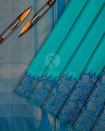 Turquoise Blue & Peacock Blue Rising Border Kanjivaram Silk Saree - S1063(A) - View 2