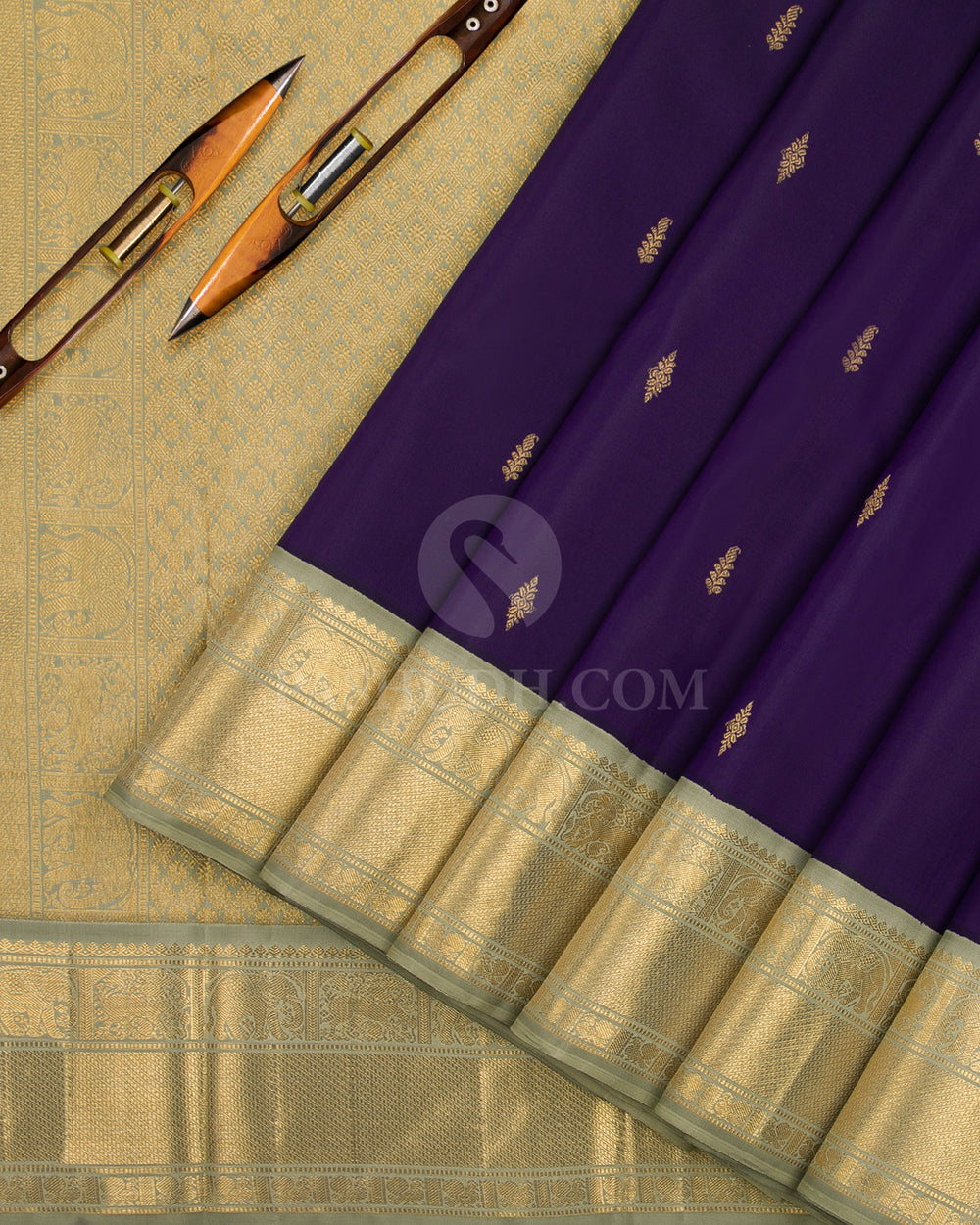 Royal Blue Violet & Sage Green Kanjivaram Silk Saree - D18 - View 1
