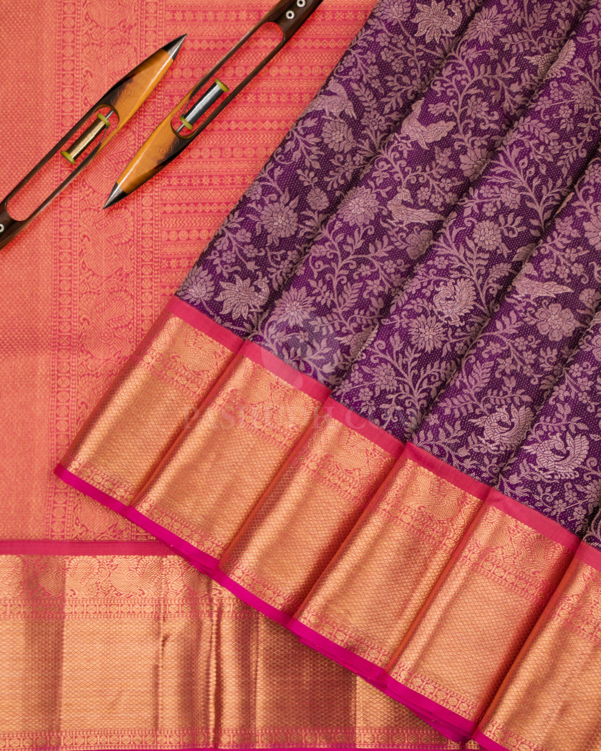 Purple & Orange Kanjivaram Silk Saree - S827 – Pashudh Sarees