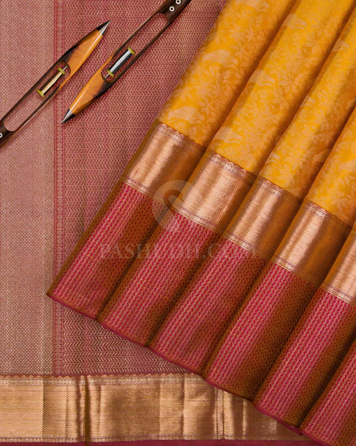 Golden Yellow And Rust Red Kanjivaram Silk Saree - D535(A) - View 1