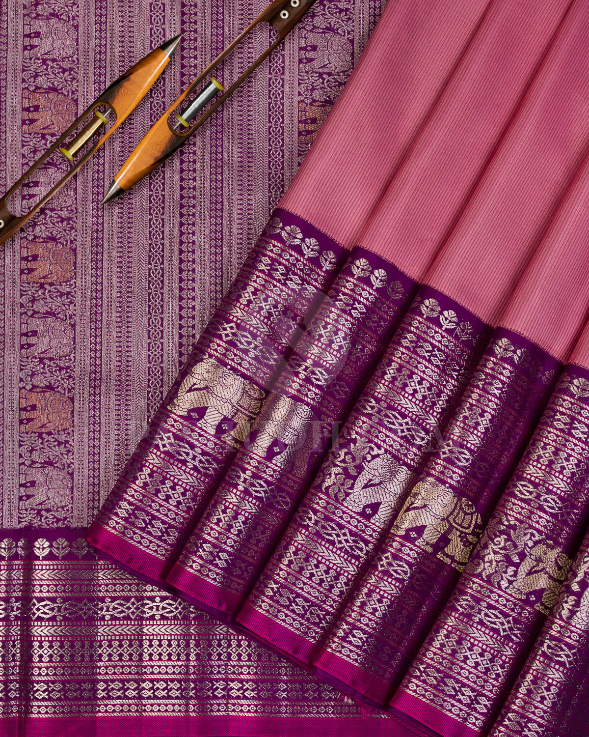 Baby Pink and Dark Violet Kanjivaram Silk Saree - S1142(B) - View 2