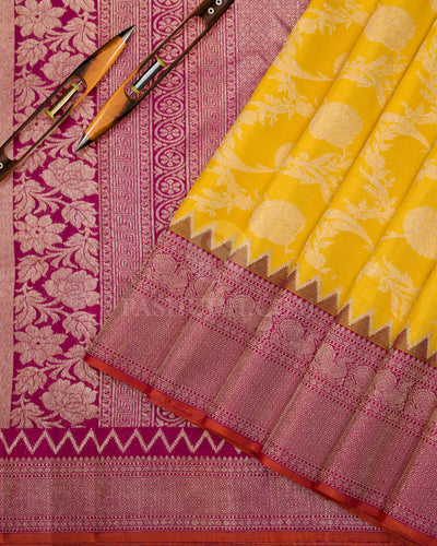 Bright Yellow & Magenta Kanjivaram Silk Saree - S1040(A) - View 2
