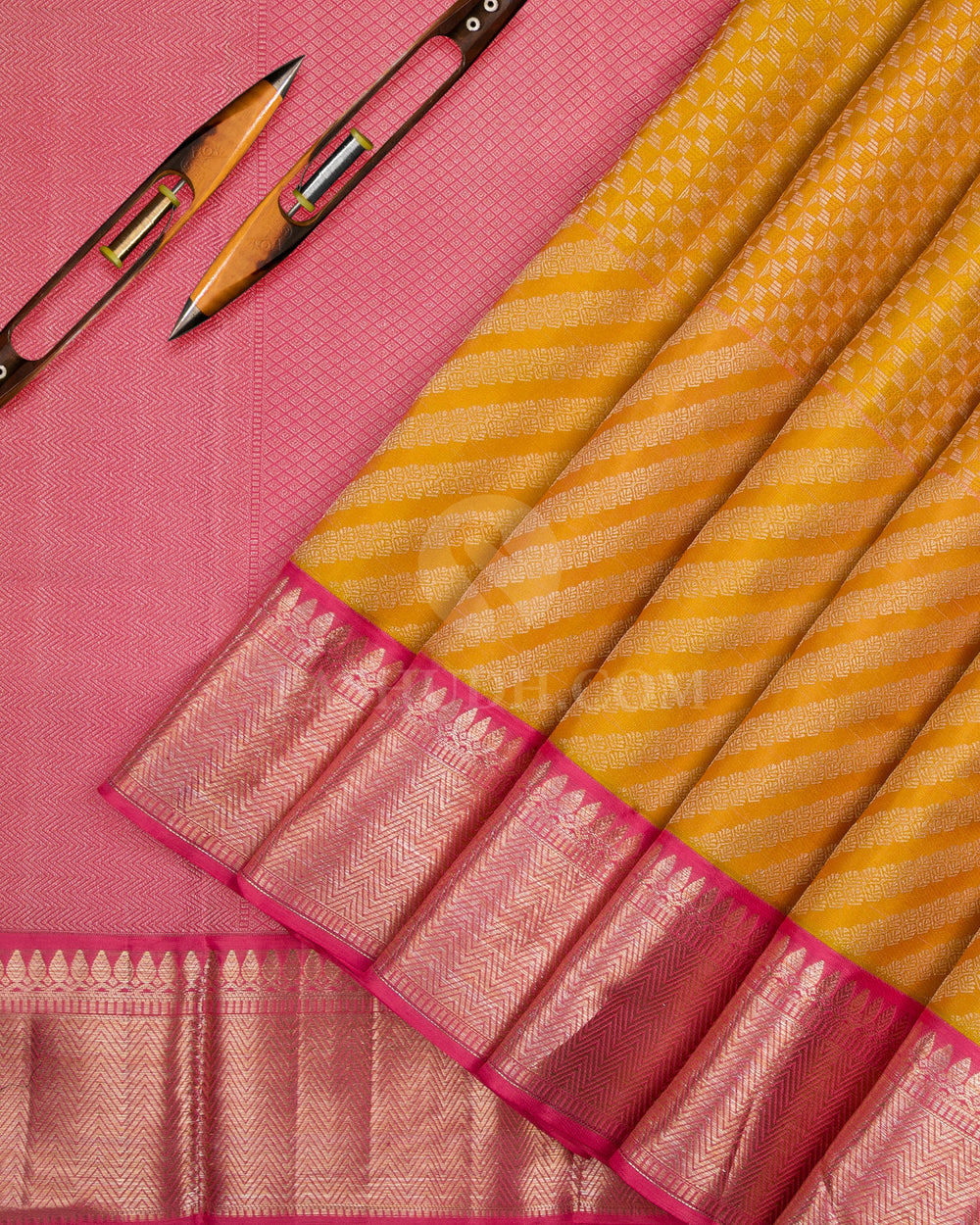 Mango Yellow & Fuchsia Pink Kanjivaram Silk Saree - DT262(A) - View 2