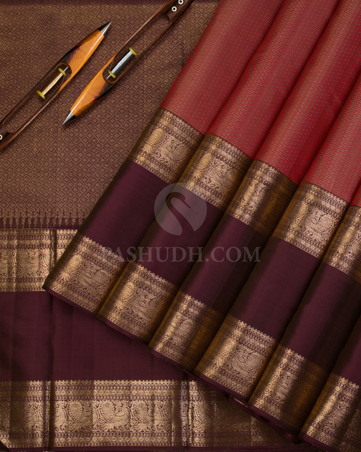 Beige, Red & Brown Kanjivaram Silk Saree - D503(B) - View 1