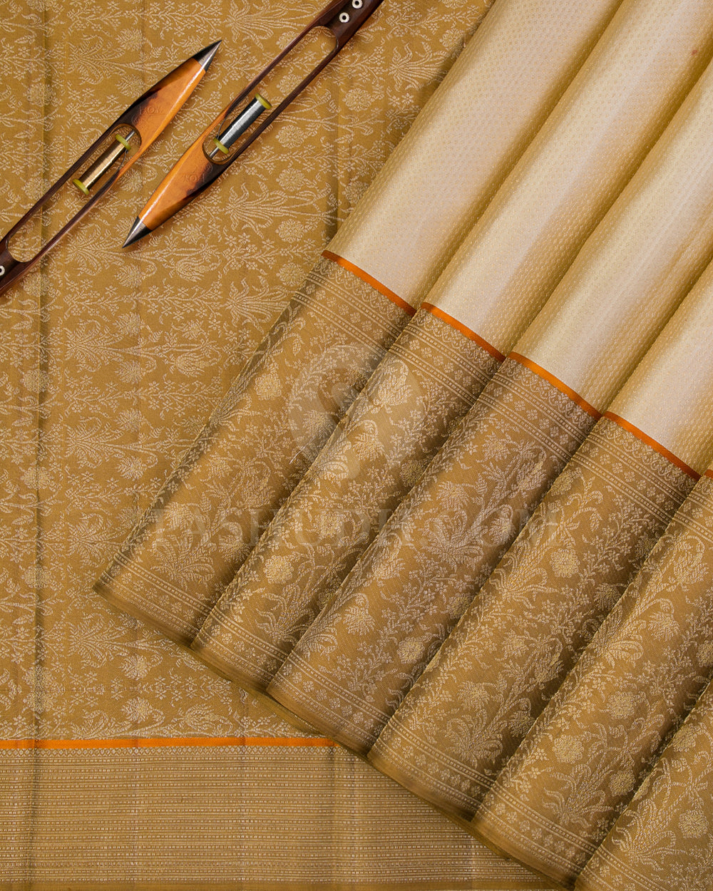 Ivory Cream and Moss Brown Kanjivaram Silk Saree - DJ318(A) - View 1