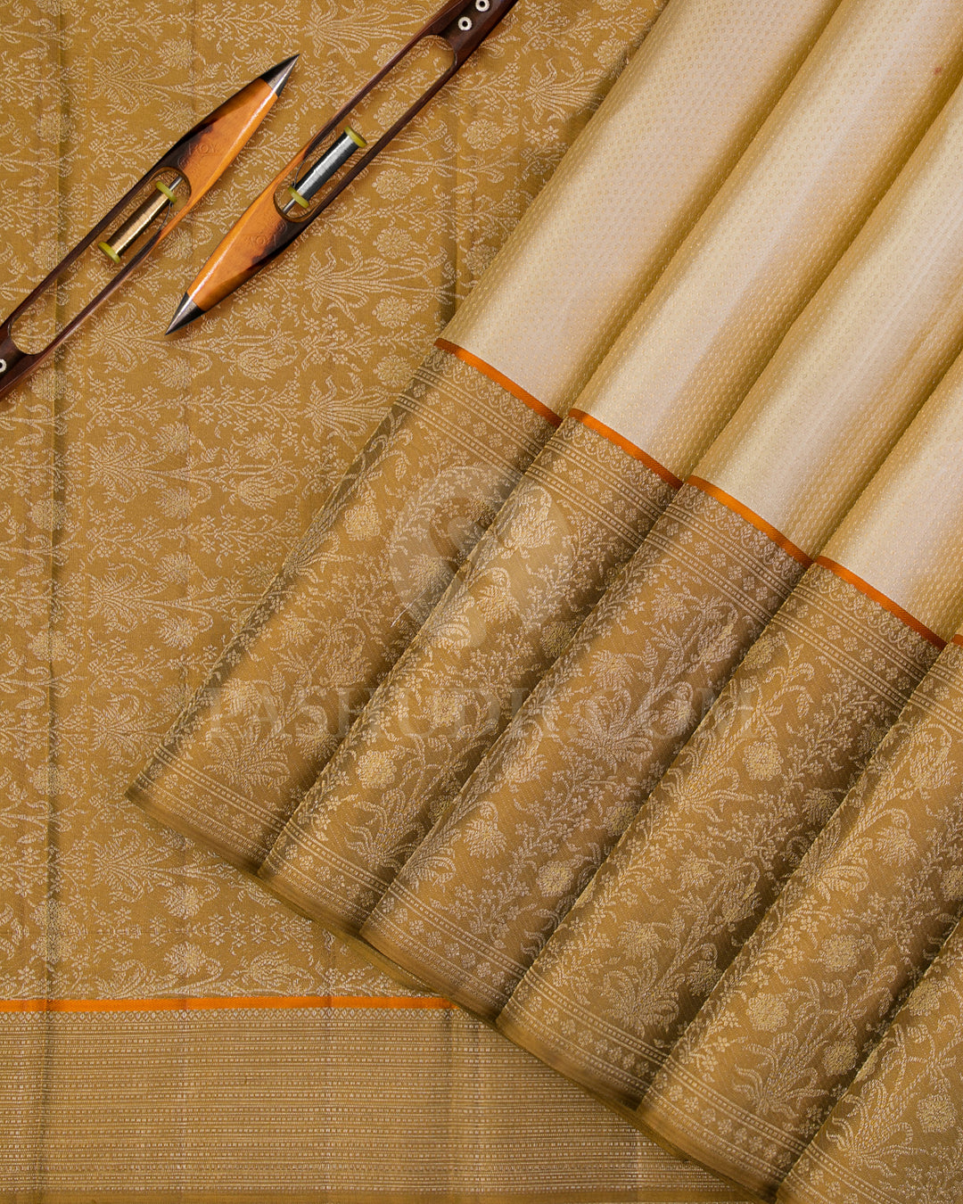 Ivory Cream and Moss Brown Kanjivaram Silk Saree - DJ318(A) - View 1