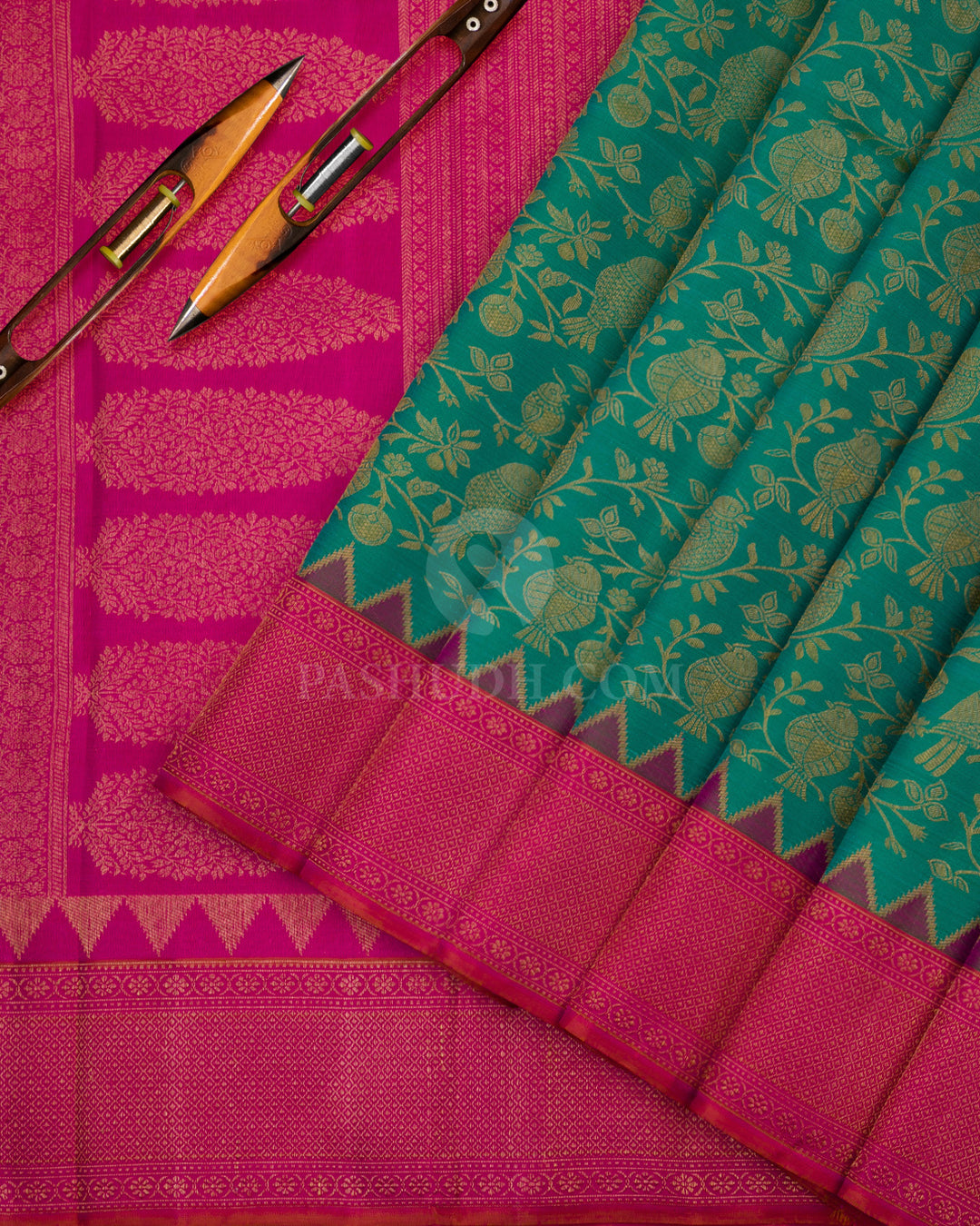 Green and Dark Pink Kanjivaram Silk Saree - S776- View 3