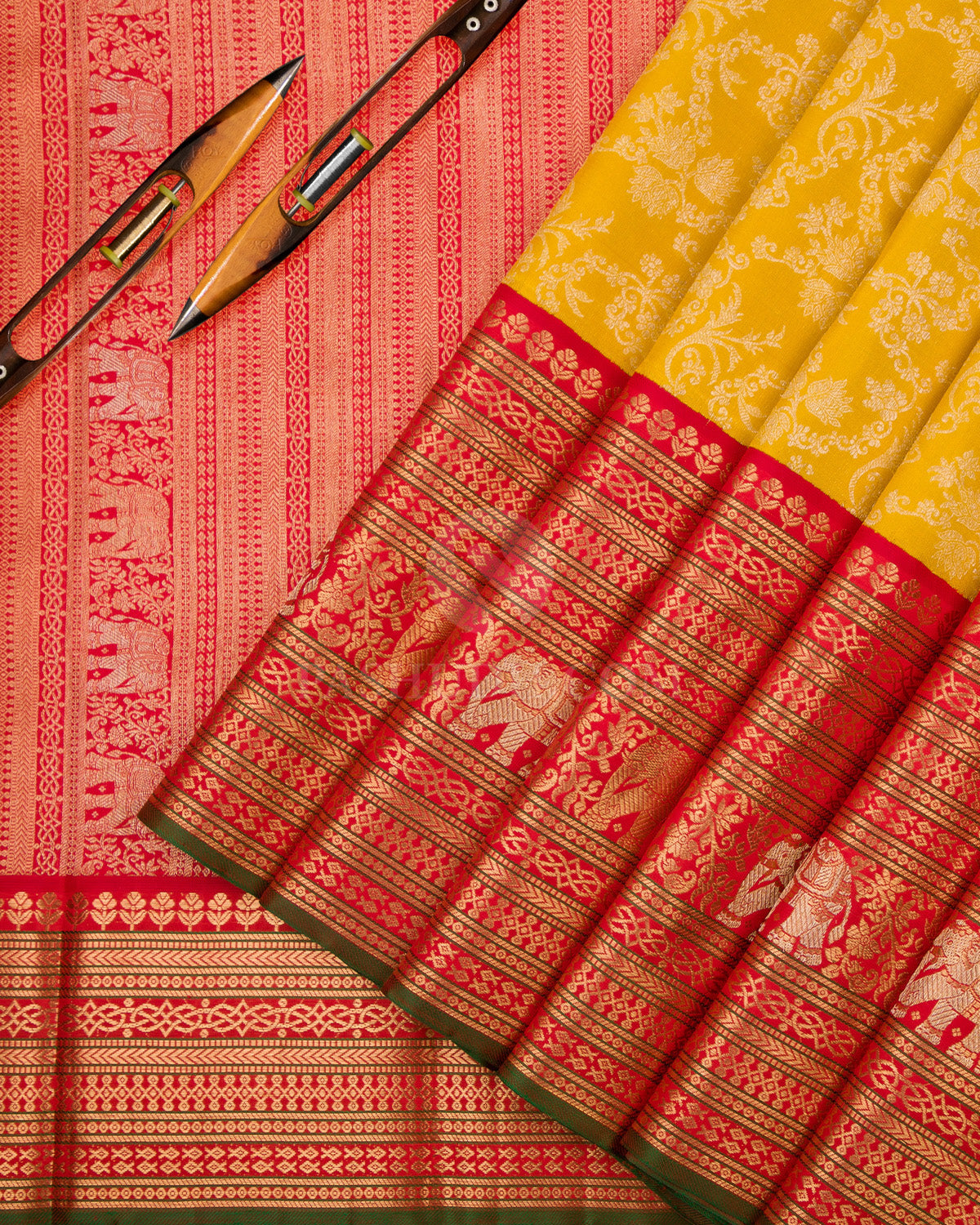 Mustard and Red Kanjivaram Silk Saree - S743- View 3