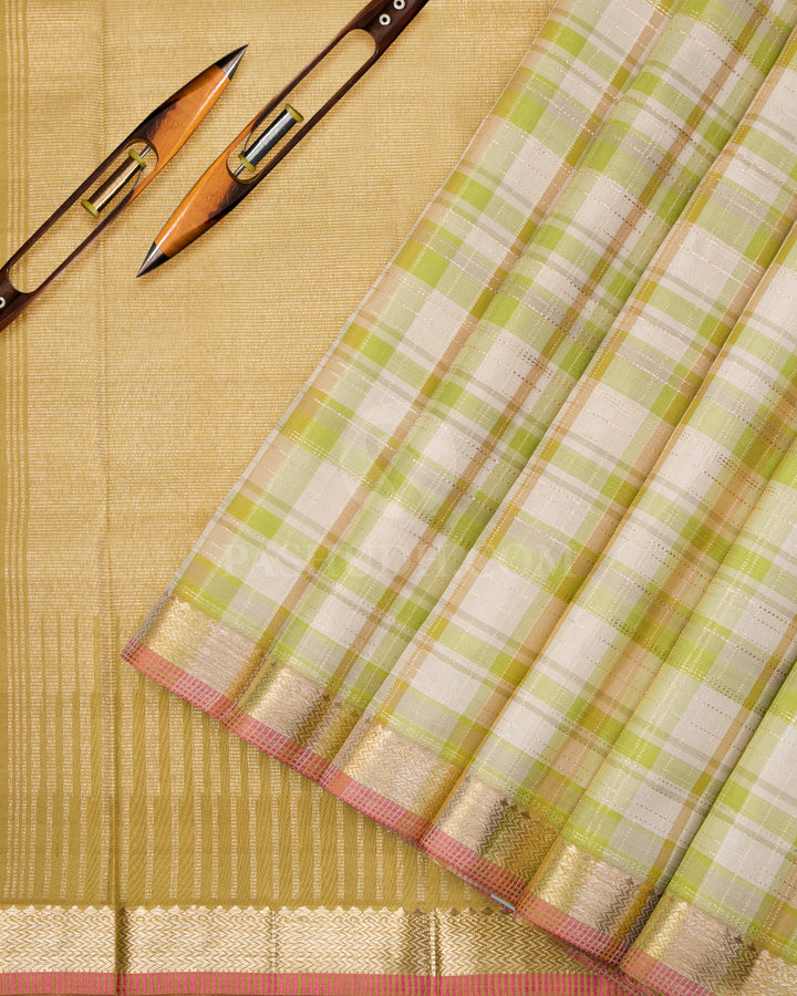 Cream, Light Green & Beige Kanjivaram Silk Saree - S1020(A) - View 2