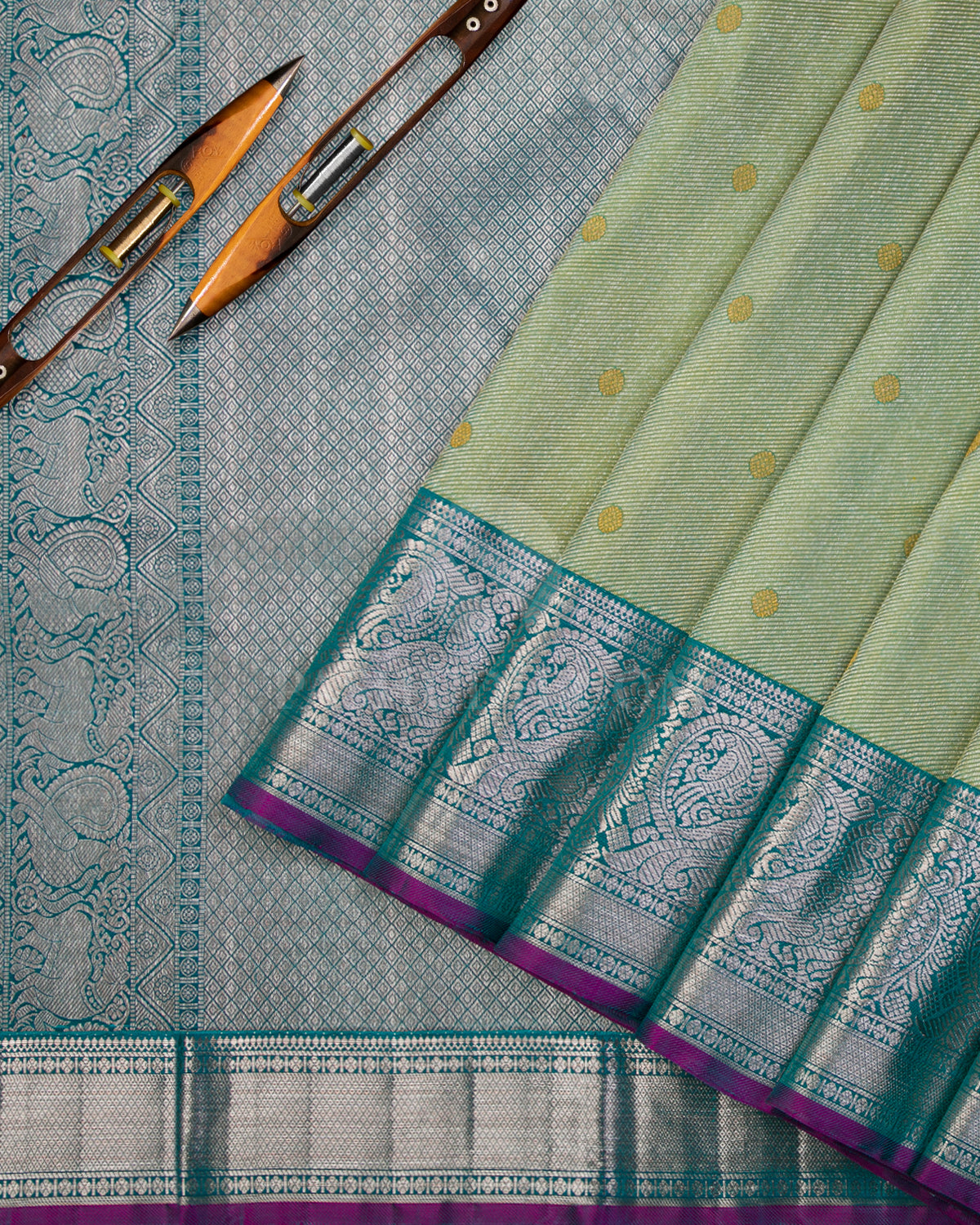 Light Green & Teal Blue Kanjivaram Silk Saree - S1032(B) - View 2