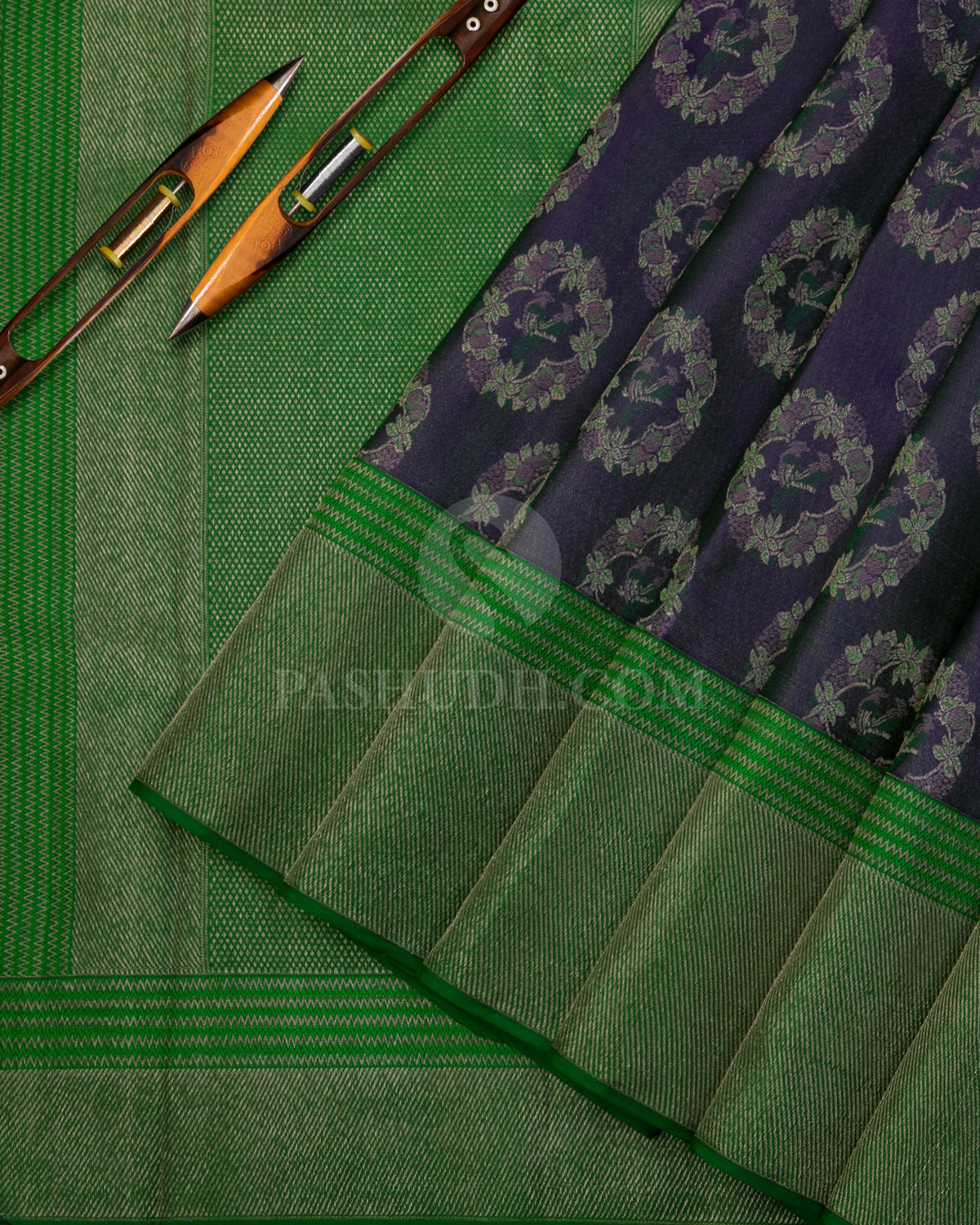 Indigo Blue and Dark Green Kanjivaram Silk Saree - D510(B) - View 1