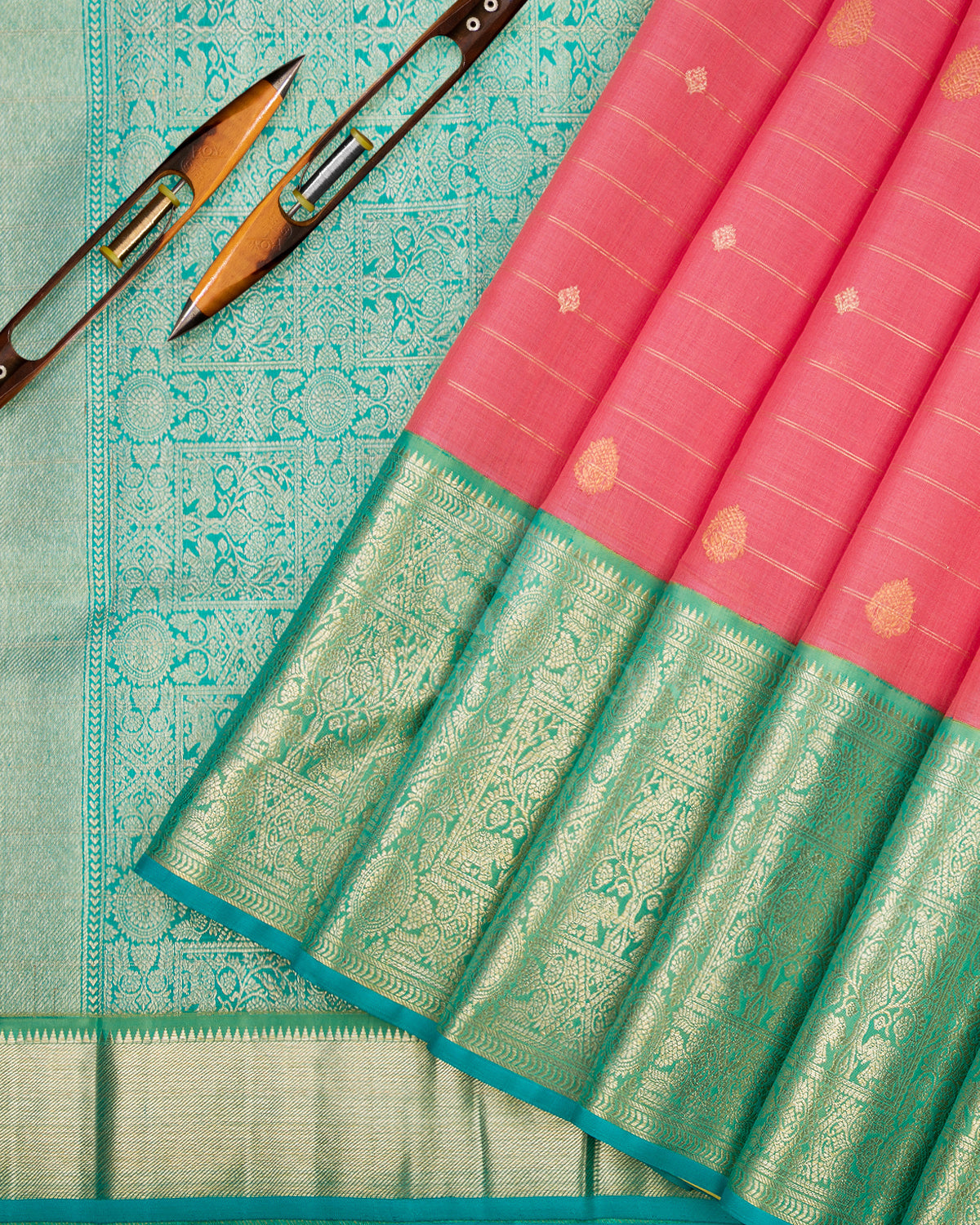 Pink & Cyan Kanjivaram Silk Saree - S876 - View 3