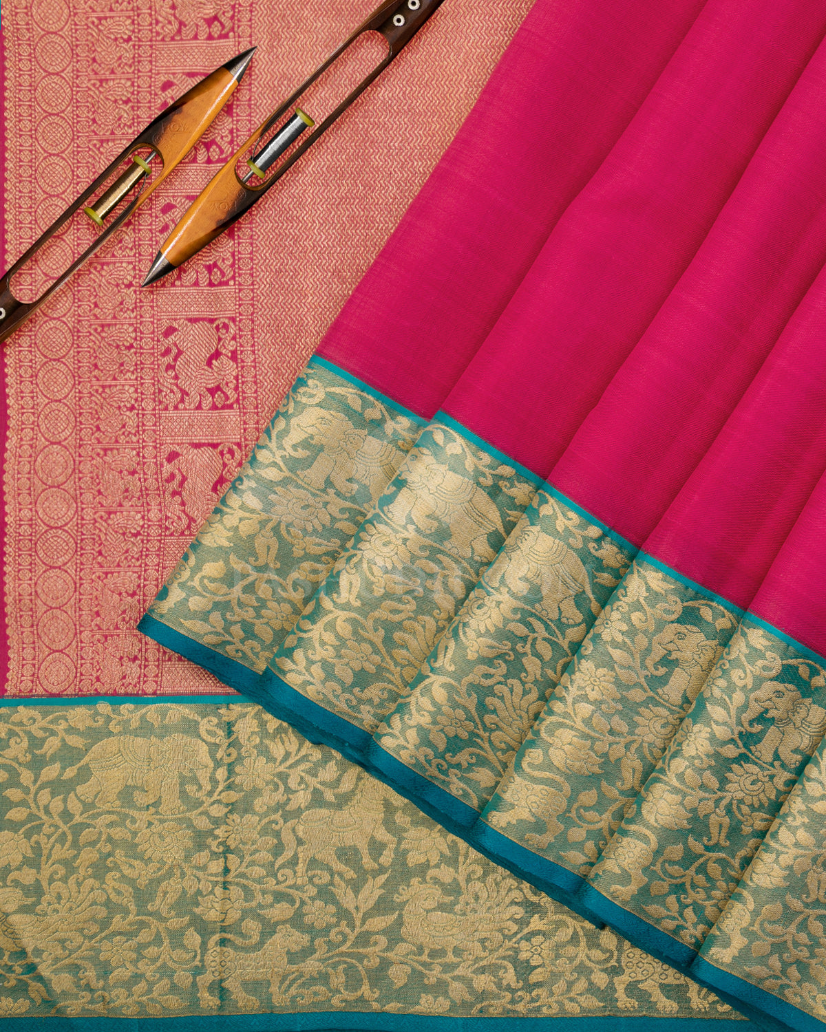 Rouge Pink & Ananda Blue Kanjivaram Silk Saree - S1036(A) - View 2
