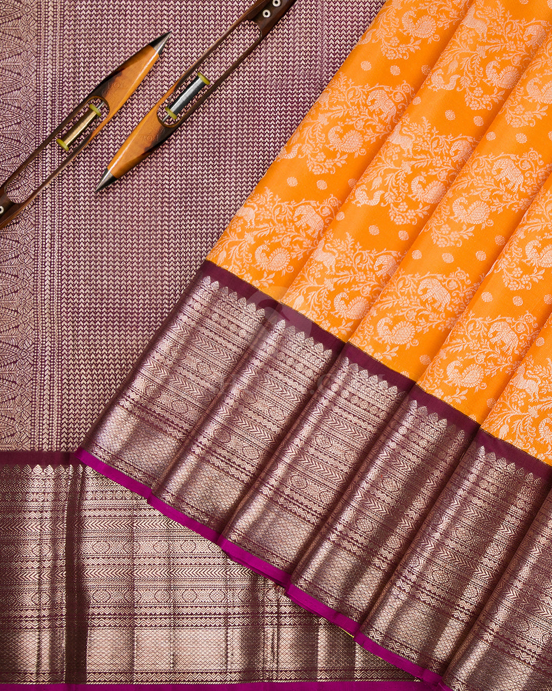 Orange & Arakku Kanjivaram Silk Saree - S885 - View 3