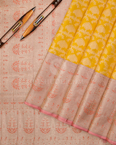 Tuskey Yellow & Peach Pink Kanjivaram Silk Saree - S1037(A) - View 2