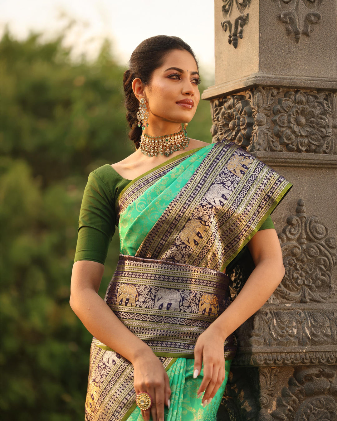 Sapphire Green And Navy Blue Kanjivaram Silk Saree - S1355(A)